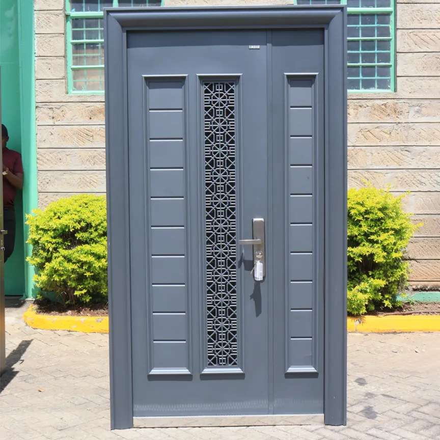 frontside of the double graphite gray steel door